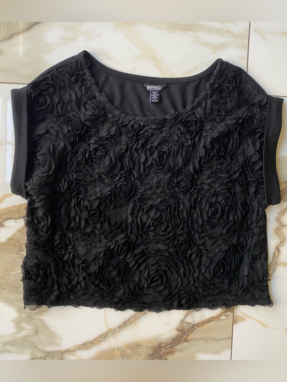 Buffalo David Bitton Black Crop Blouse W/Floral Textured Appliqué On Chiffon (S)